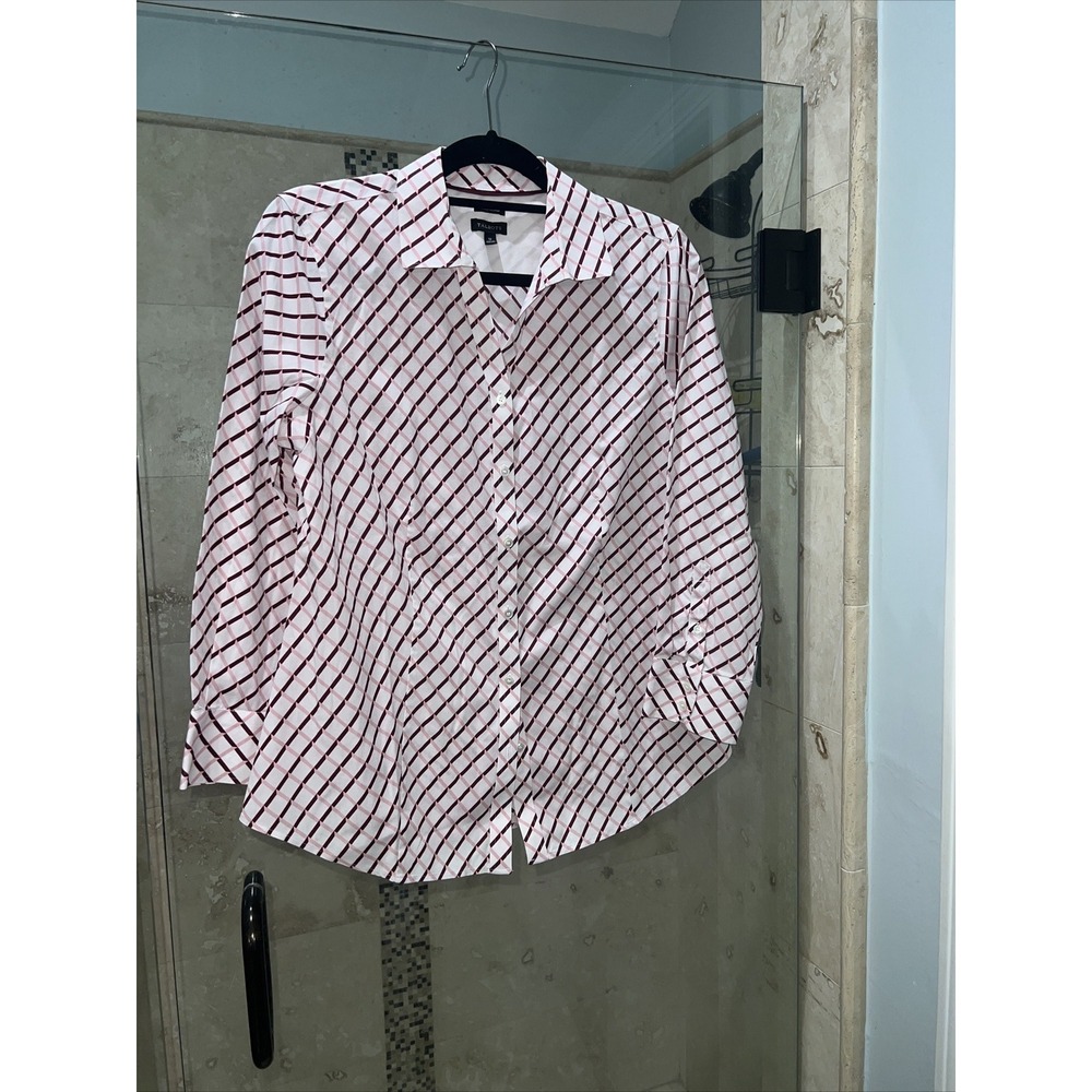 Talbots Button Down Blouse 12 Wine Red Burgundy White Pink Trellis Print L